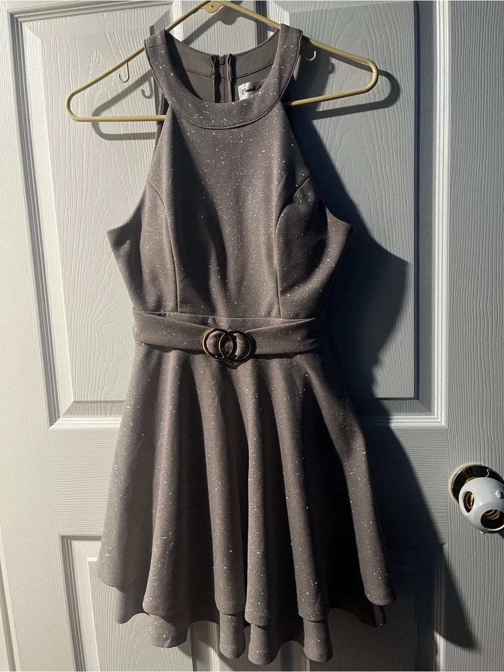Sparkle Halter Skater Dress in Metallic Gray
